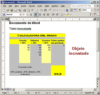 Excel Tabla en un documento de Word - incrustado
