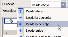 Panel: Personalizar animación - Dirección: Desde la derecha