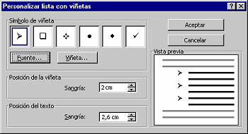 Diálogo: Personalizar lista con viñetas - flecha 