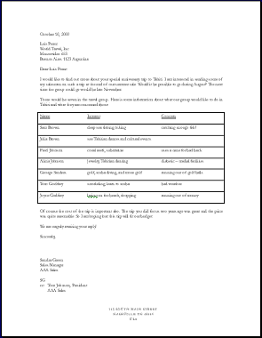Letter with tabbed columns