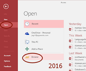 Backstage view: Open > Browse button (Access 2016)