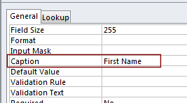 FirstName field - Caption property = "First Name" (Access 2010)