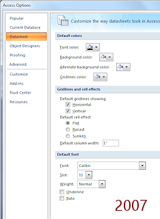 Dialog: Options - Datasheet (Access 2007)