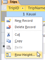 Right Click Menu: Row Height