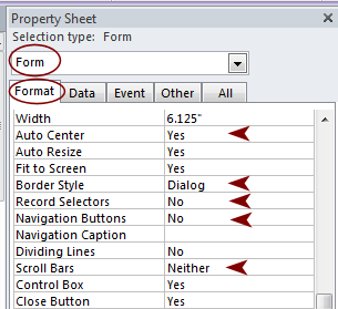 Dialog: Properties, of form