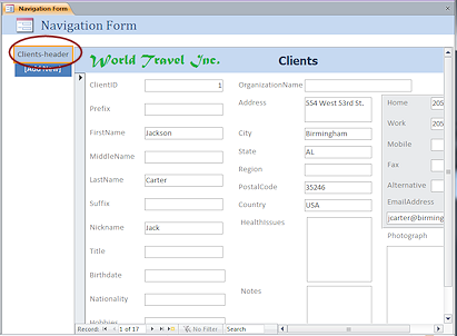 Layout View: Navigation Form with one entry (Access 2010)