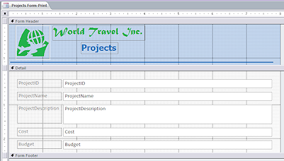 Form Design View: Projects Form-Print with no background image (Access 2010)