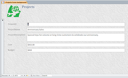 Form View: Projects - after changing logo image (Access 2010)