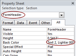 Property Sheet: Form Header: Back Color (Access 2010)
