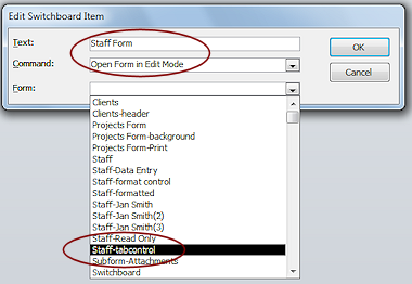 Dialog: Edit Switchboard Item, to open Staff-tabbed-fullname