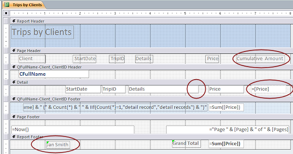Design View: Trips by Clients with Cumulative Amount (Access 2010)