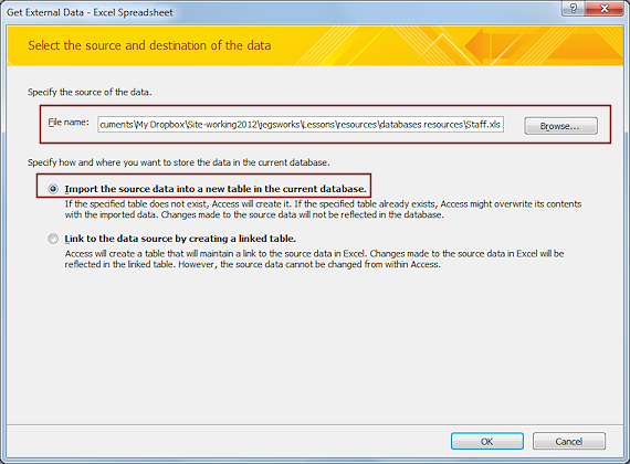 Dialog: Get External Data - Excel Spreadsheet (Access 2010)