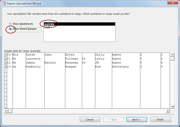 Dialog: Import Spreadsheet Wizard - step 1: Show Named Ranges