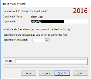 Dialog: Input Mask Wizard - showing the mask code (Access 2016)