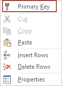 Right Click Menu: Primary Key (Access 2016)