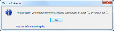 Message: Expression is missing a parenthesis, bracket, or vertical bar.