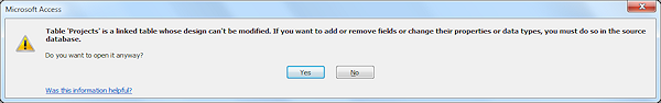 Message: Table is linked with some properties that can't be modified.