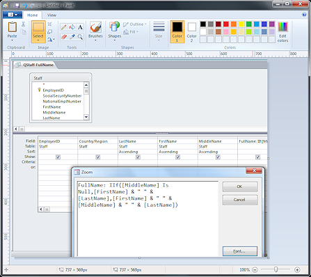 Query Design View with Zoom in Paint (Win7)