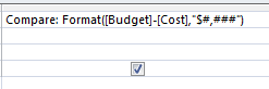 Query Design View: Compare: Format([Budget]-[Cost],"$##,###")