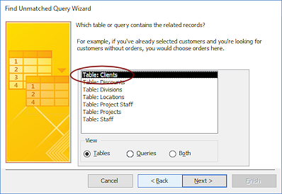 Query Wizard - Find Unmatched - Table to compare to (Access 2016)