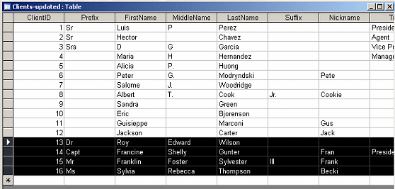 Table Datasheet View: Clients-updated