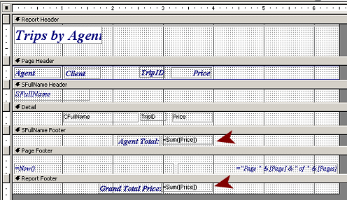 Report Design View: Trips by Agent, with simple totals for Price