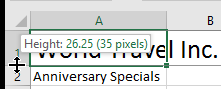 Row 1 with row height tip (Excel 2016)