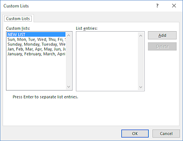 Dialog: Custom Lists - with new list (Excel 2016)