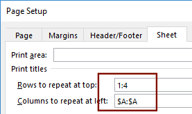 Dialog: Page Setup > Sheet - repeat rows 1 through 4 and column A (Excel 2016)
