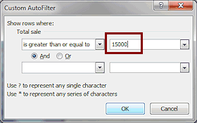 Dialog: Custom AutoFilter > Greater than or equal to... 15000 (Excel 2010)