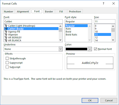 Dialog: Format Cells > Font tab (Excel 2016)