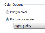 Dialog: Printer Properties > Color = Gray Scale