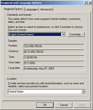 Dialog: Regional and Language Options (WinXP)