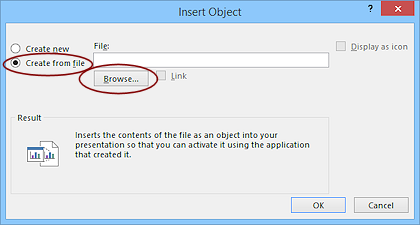 Dialog: Insert Object > Create from file (PowerPoint 2013)