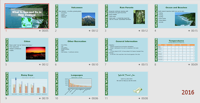 Slide Sorter view shows timing for each slide after Rehearse Timings. (PowerPoint 2016)