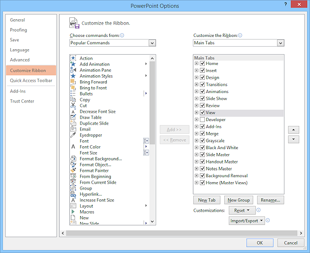 Dialog: Options > Customize Ribbon (PowerPoint 2013)