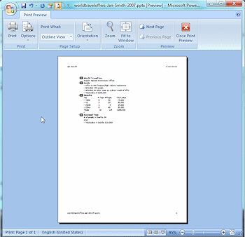 Print Preview: Outline (PowerPoint 2007)