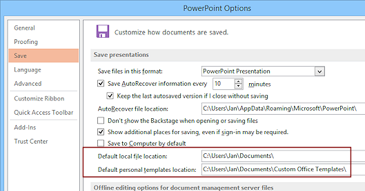 Dialog: Options > Save > custom templates (PowerPoint 2013)