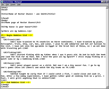 Notepad: hector3.htm with comments showing the start and end of the list