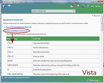 Help: article - Keyboard Shortcuts - showin General keyboard shortcuts (Vista)