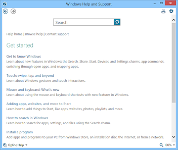 Table of contents for the Get Started category (Win8)