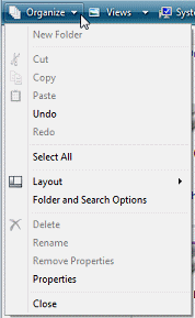 Button: Organize, with list dropped (Vista)