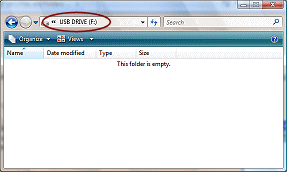 Computer window showing contents of Drive F, which is empty (Vista)