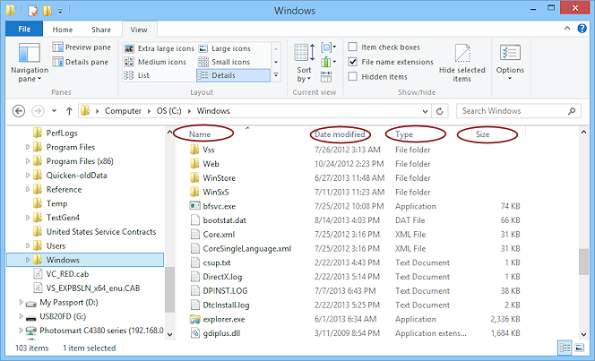 Default columns in Details view (Win8)