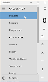 Calculator Menu includes several types of calculators (Win10)