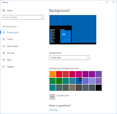 Dialog: Settings > Personalization > Background > Solid color (Win10CU)