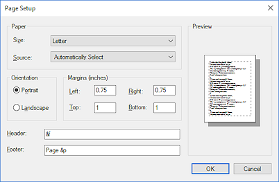 Dialog: Page Setup (Win10)