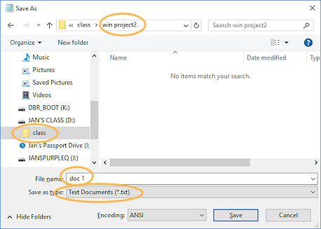 Dialog: Save As - saving doc 1.txt (Win10)