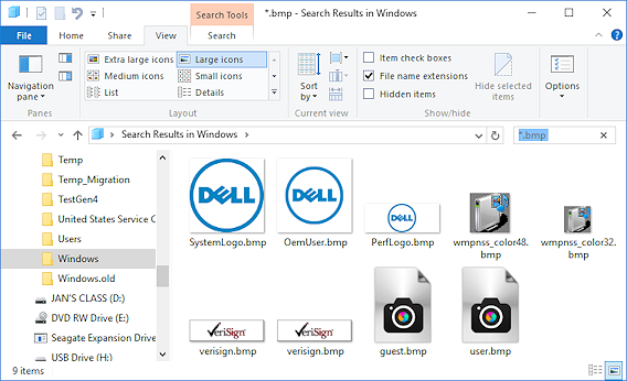 Search results - BMP files in Windows folder (Win10)