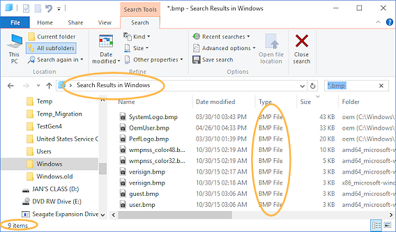 Search results - BMP files in Windows folder (Win10)